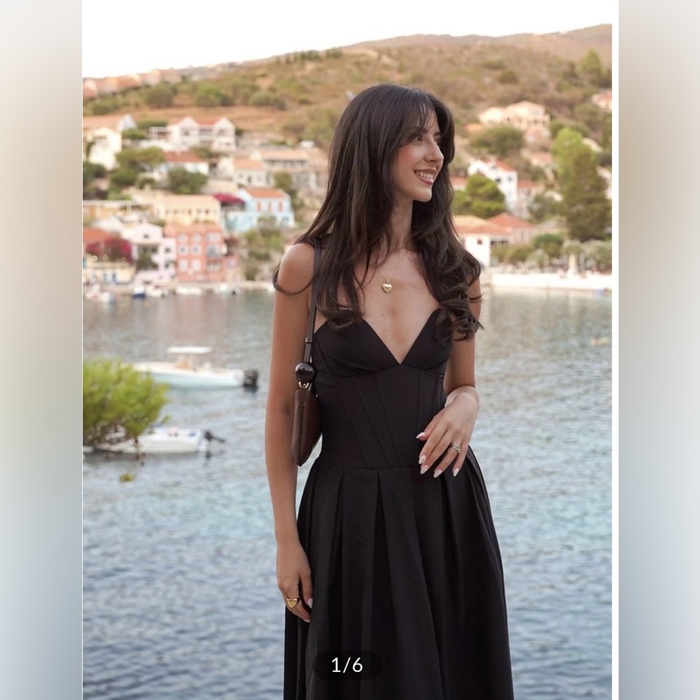 Black strapless corset midi dress